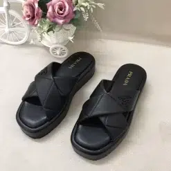 Vintage High Quality Real Leather Platform Slippers LX-672019