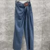 Leather pleated denim pants WKZ-63611