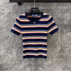 Round neck color stripe knitted short sleeved shirt TX-61729
