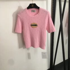 Pink Embroidered hollowed-out short-sleeve sweater MY-63243
