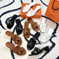 3Colors Genuine Leather Cutout Slippers(Chunky Heels and Flat Heels) LX-6610559